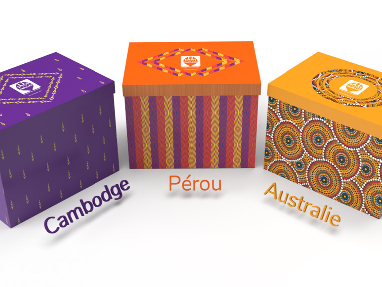 Packaging de box mensuelle aux patterns des pays
